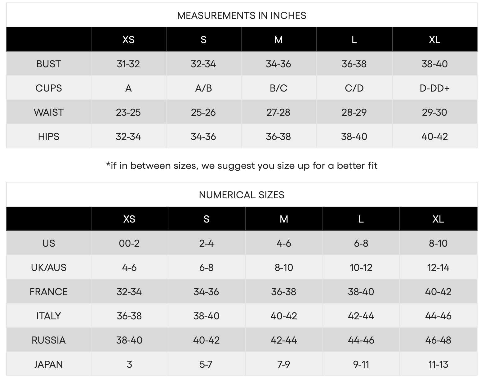 Product size guide