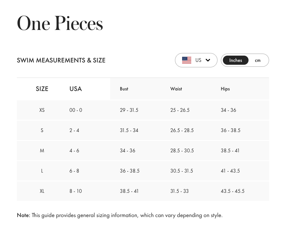 Product size guide