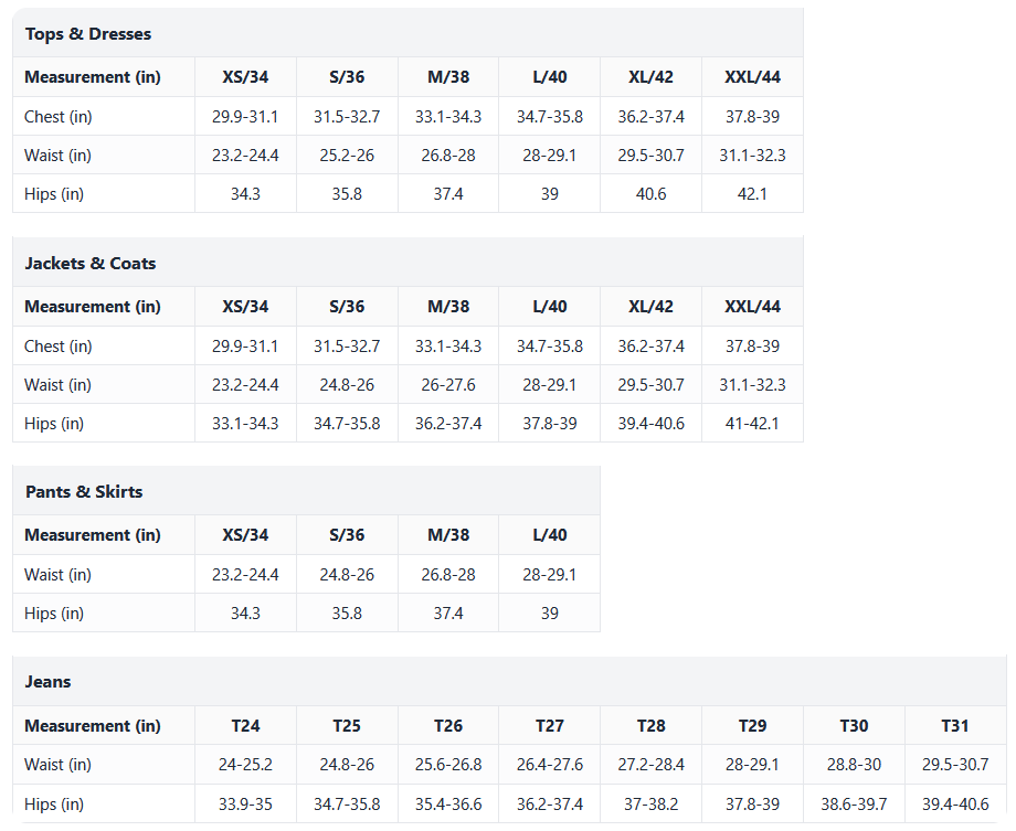 Product size guide