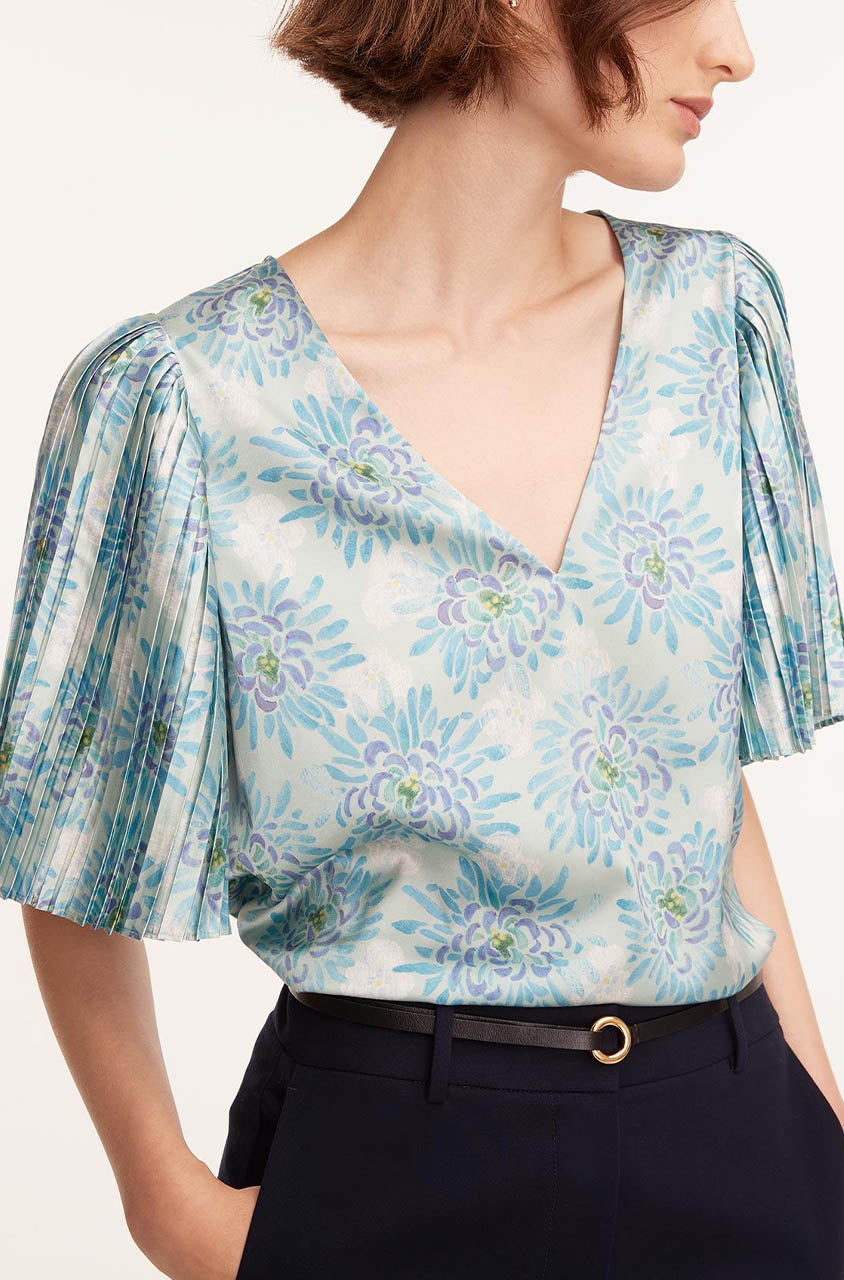 Astera Fleur Pleated Sleeve Blouse | Astera Fleur Turquoise Combo