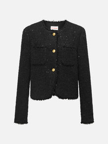 Sequin Tweed Straight Short Boxy Coat | Black