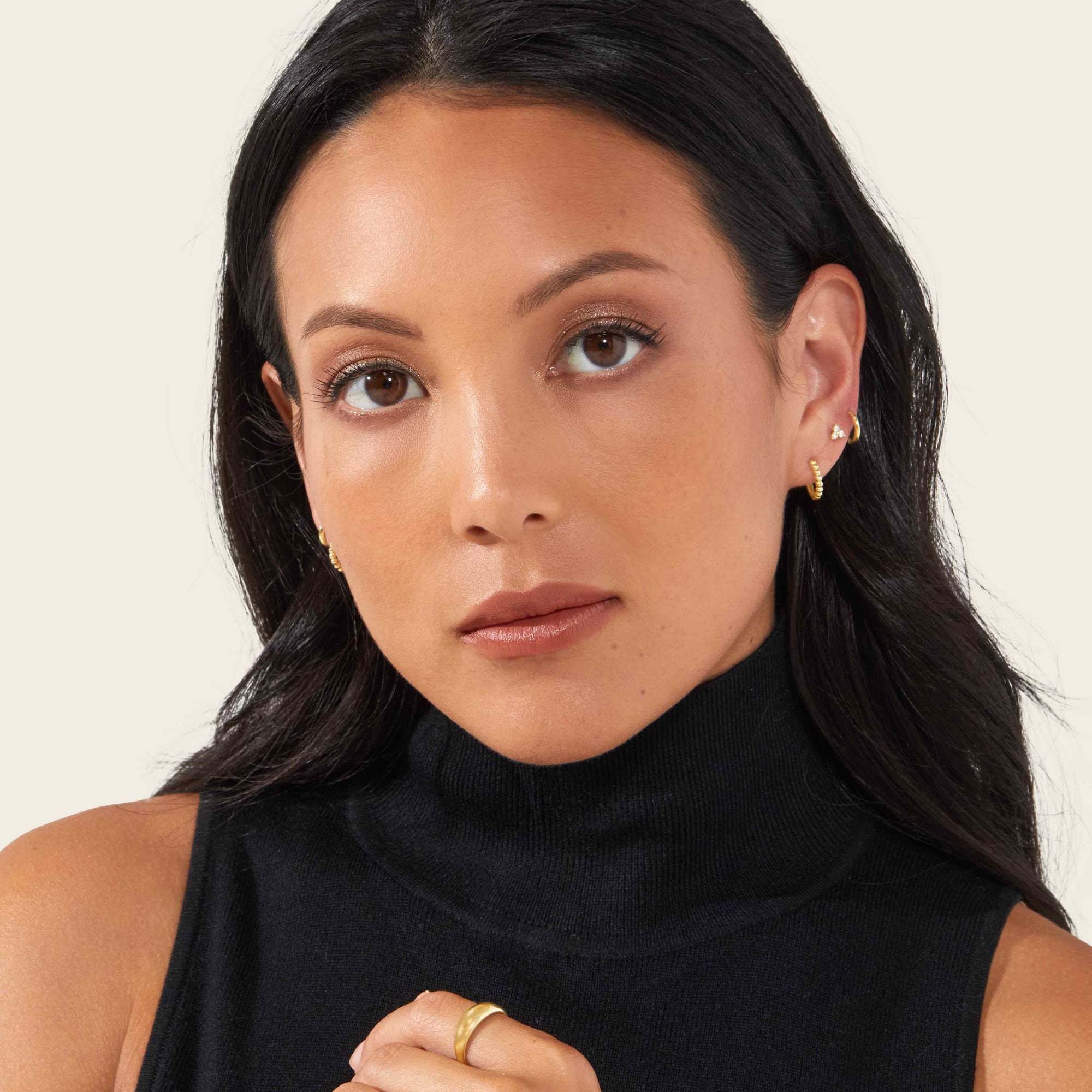 Womens | Beaded Huggie Hoops | 14K Solid Yellow Gold