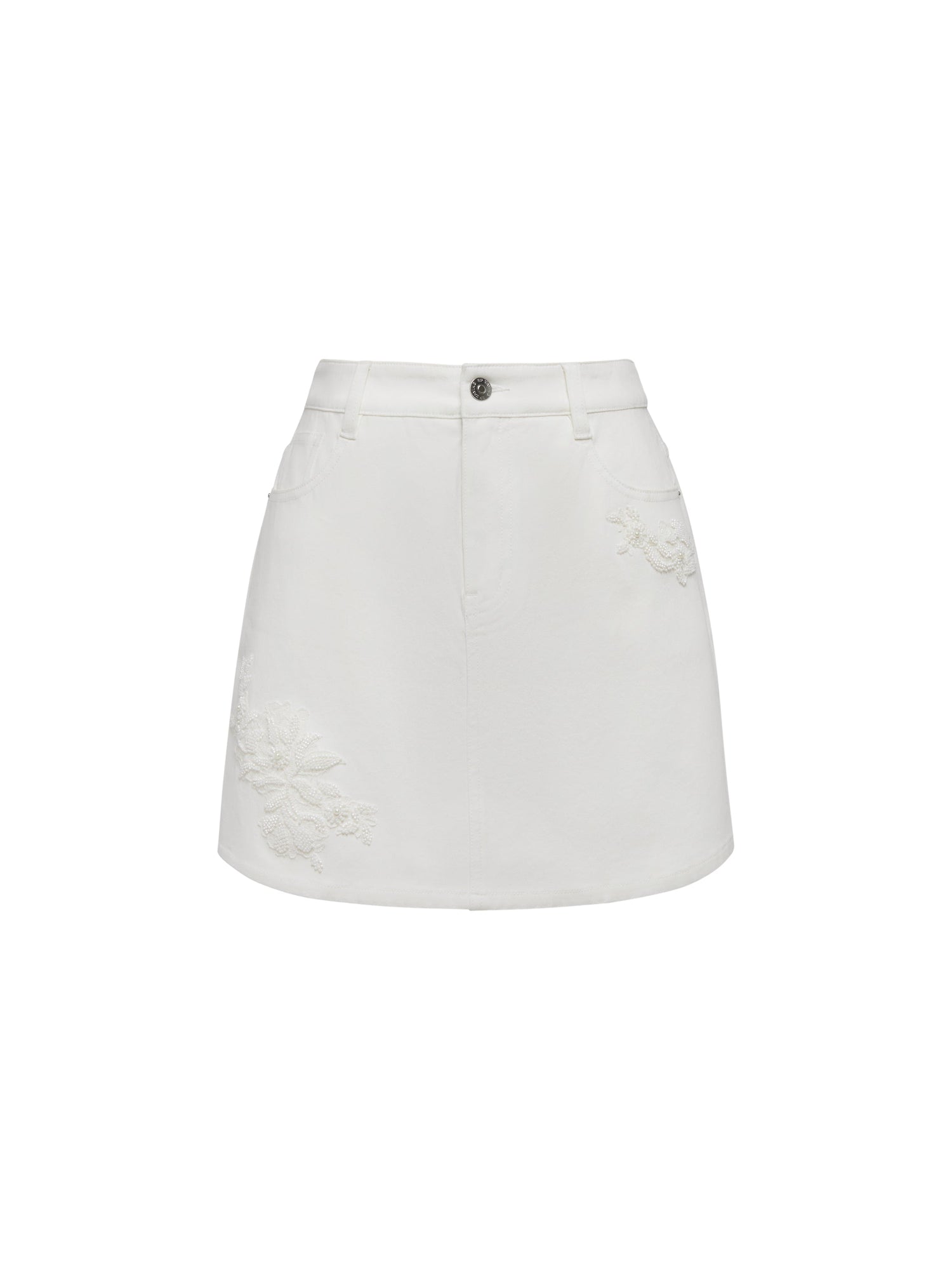 Peony Embroidered 4-Way Stretch Skirt-Front Denim Skort | White