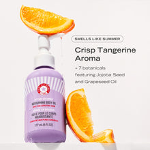 After-Shower Nourishing Body Oil with slices of tangerines.  Smells like summer. Crisp Tangerine Aroma +7 botanicals featuring Jojoba Seed and Grapeseed Oil.