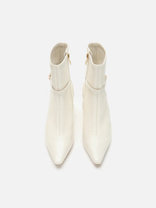 Stretch Lambskin Spliced Pointed Toe High-Heeled Ankle Boots | White