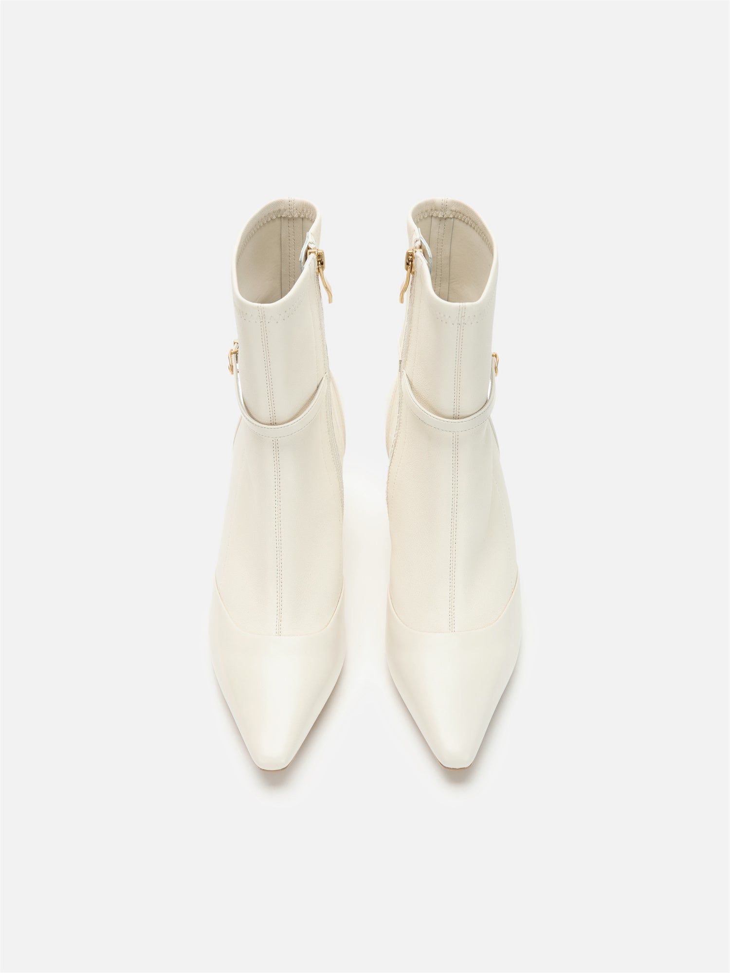 Stretch Lambskin Spliced Pointed Toe High-Heeled Ankle Boots | White