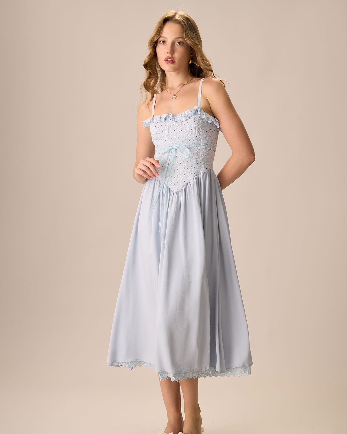 Women's Blue Embroidery Cotton Slip Midi Dress