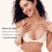 Model using Nourishing Body Oil.  How to Use: Apply all over the body as preferred + massage in circular motions.