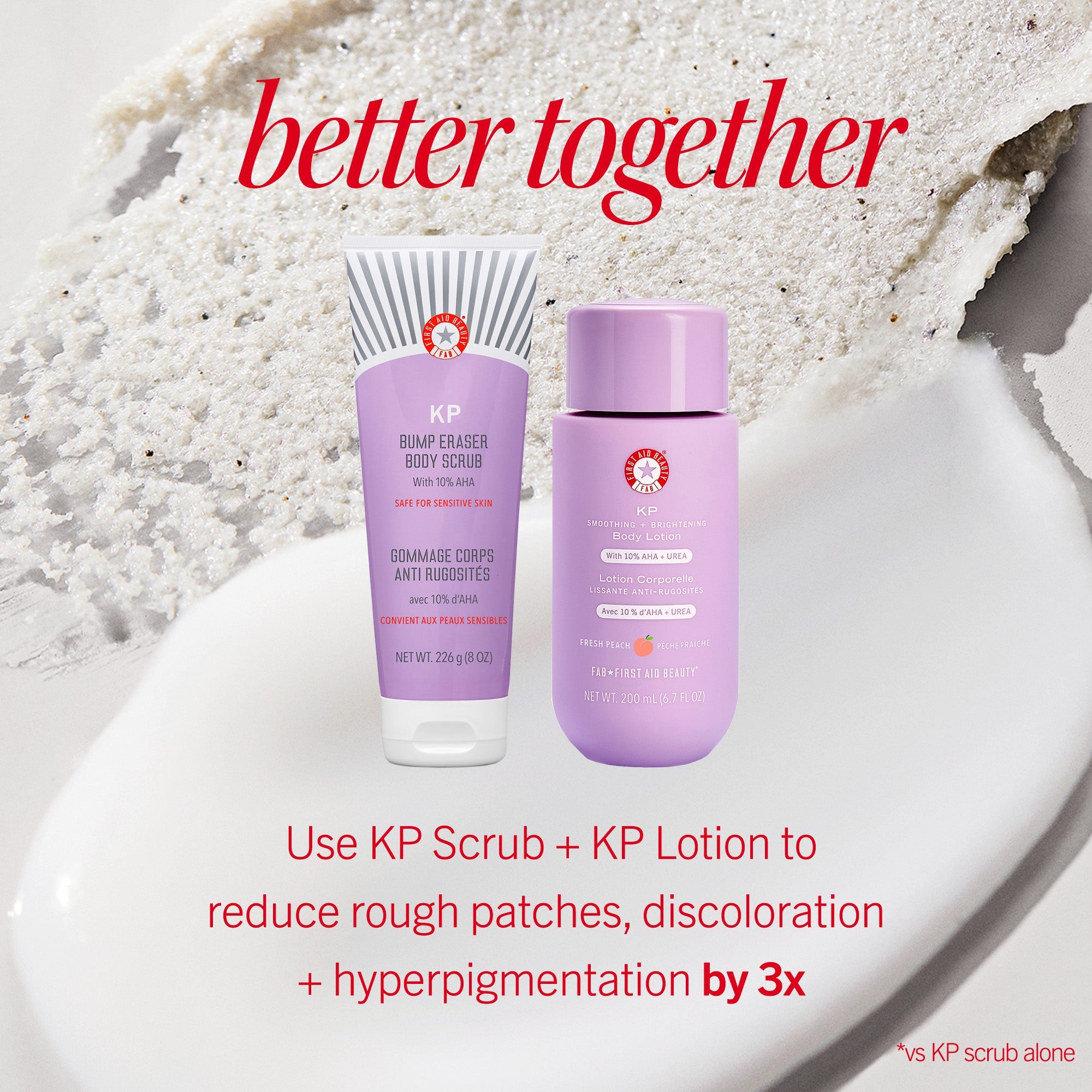KP Bump Eraser Body Scrub and KP Smoothing Body Lotion are displayed on a textured background. Text reads: "better together," "Use KP Scrub + KP Lotion to reduce rough patches, discoloration + hyperpigmentation by 3x."