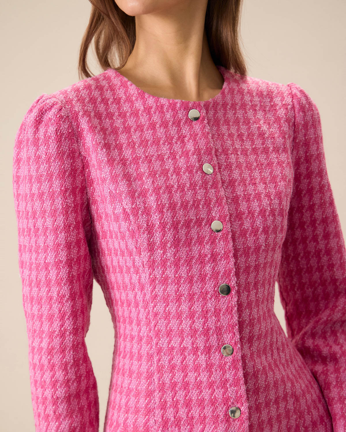 Women's Pink Single-breasted Tweed Mini Dress