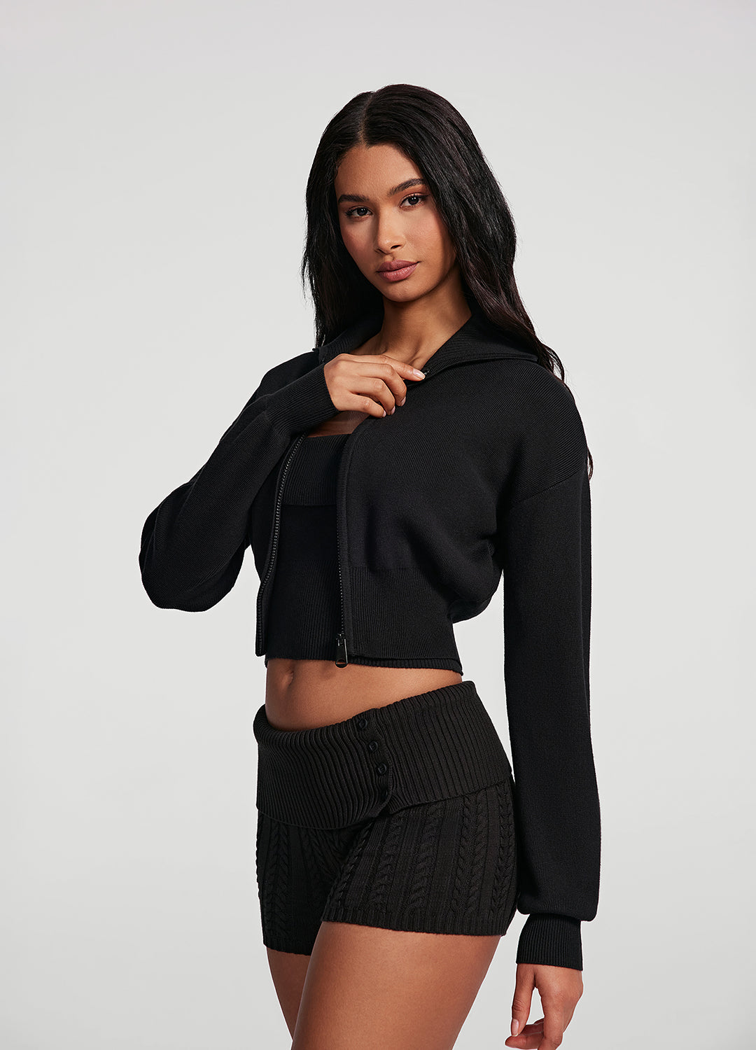 Knit Cropped Zip-Up Jacket | Black