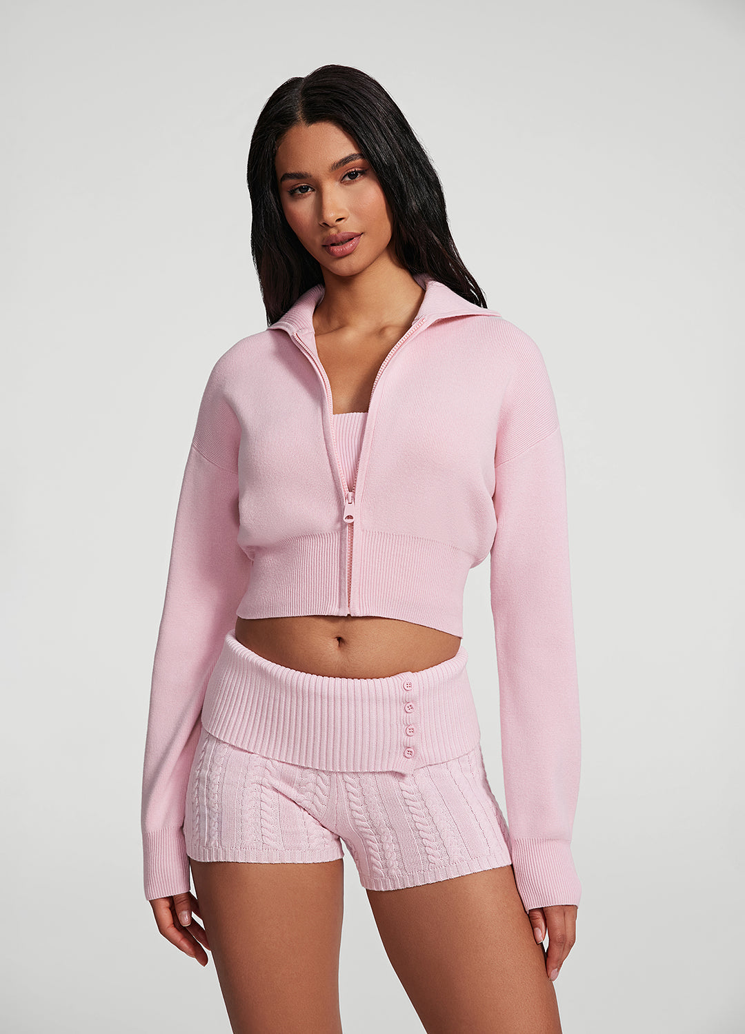 Knit Cropped Zip-Up Jacket | Ballet Pink