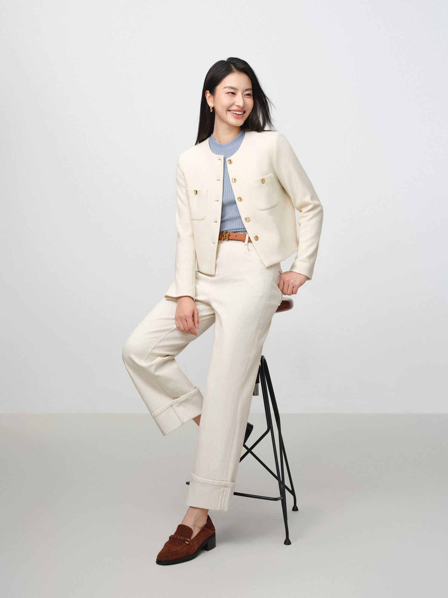 Tweed-Style Plaid Collarless Jacket | White