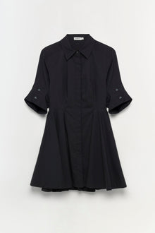 Black button-front shirt dress with three-quarter length sleeves and pleated skirt detail.