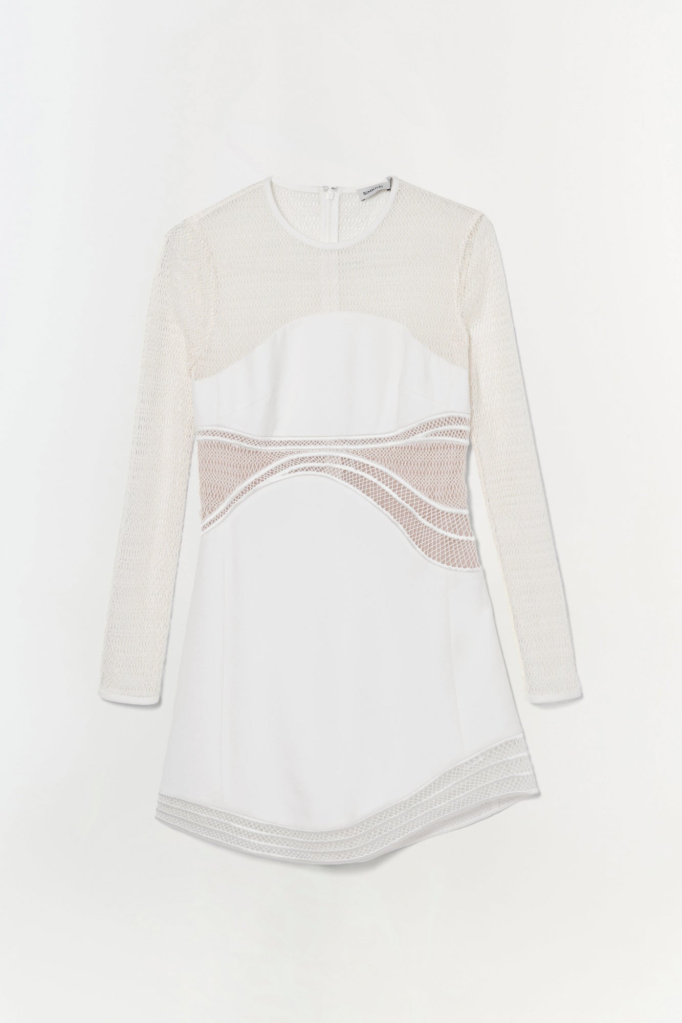 Cream and white long-sleeve dress with mesh panel details at the waist and curved hemline.
