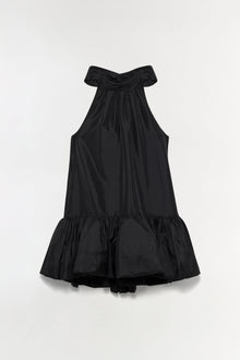 Black sleeveless mini dress with off-shoulder bow neckline and gathered ruffle hem.