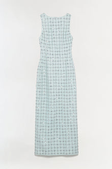 Light blue sleeveless midi dress with all-over silver beaded embellishment and round neckline.