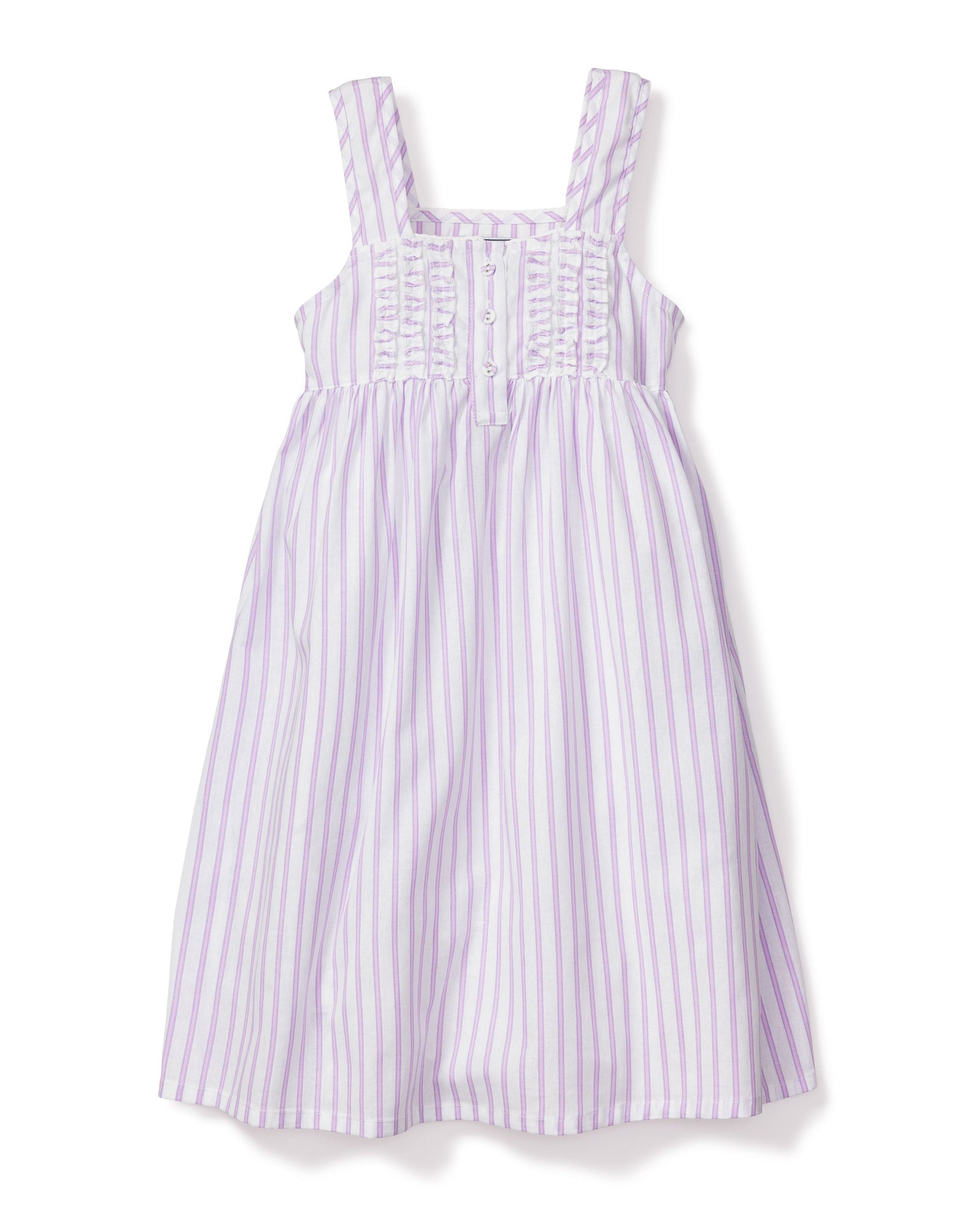 The Girls Twill Charlotte Nightgown in Lavender French Ticking by Petite Plume showcases a sleeveless design with vertical purple stripes on white, crafted from yarn-dyed cotton. It features a ruffled neckline, button chest details, and wide shoulder straps for an enchanting look.