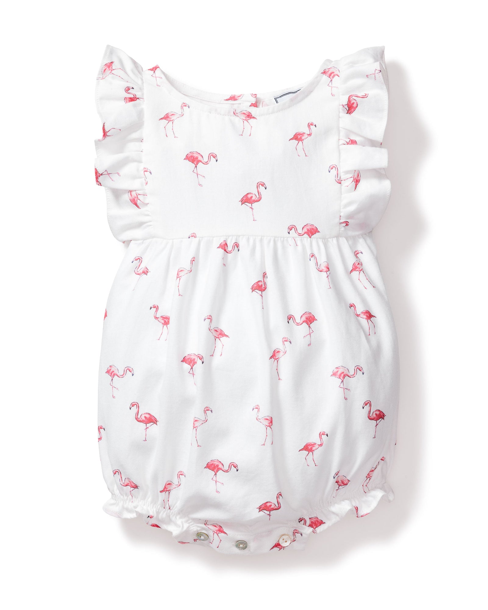 The Petite Plume Babys Twill Ruffled Romper in Flamingos combines luxury and tropical flair with its playful pink flamingo print, ruffled sleeves, and convenient bottom snaps for easy changing.