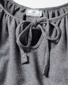 Close-up of the Petite Plume Womens Flannel Delphine Nightgown in Grey, featuring a fabric tie at the neckline and a keyhole opening. This soft flannel garment is crafted from 100% cotton for ultimate comfort.