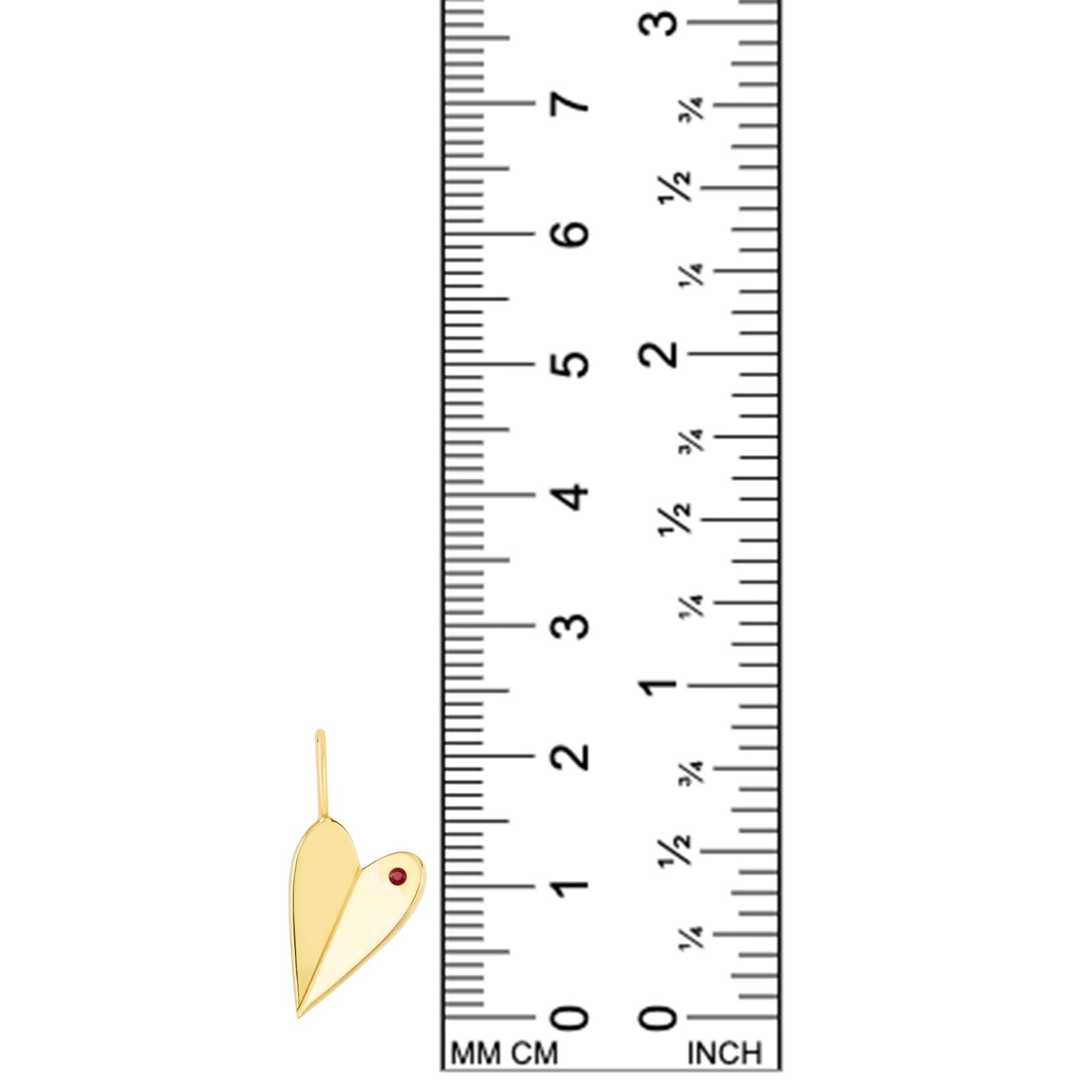 14K Gold Folded Heart Charm with garnet on white background with ruler measuring, 22mm tall