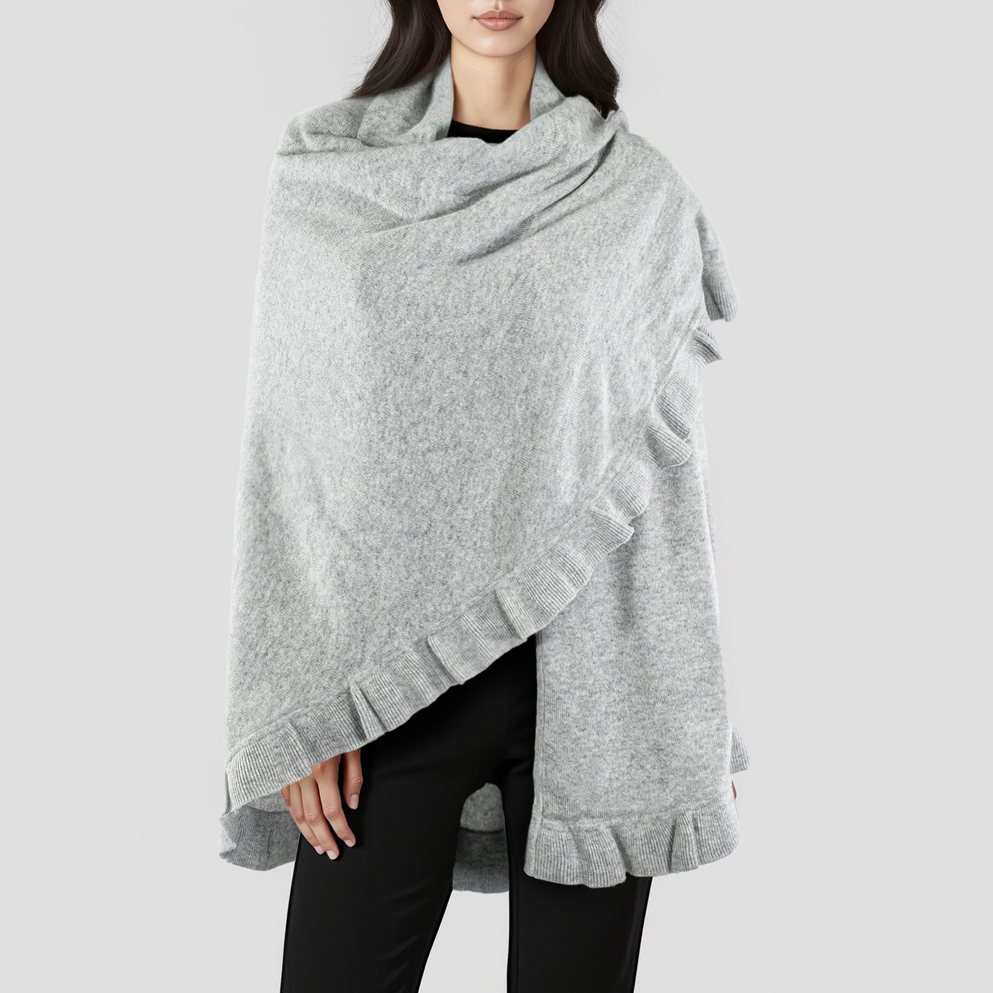Womens | Cashmere Ruffled Shawl | Light Grey