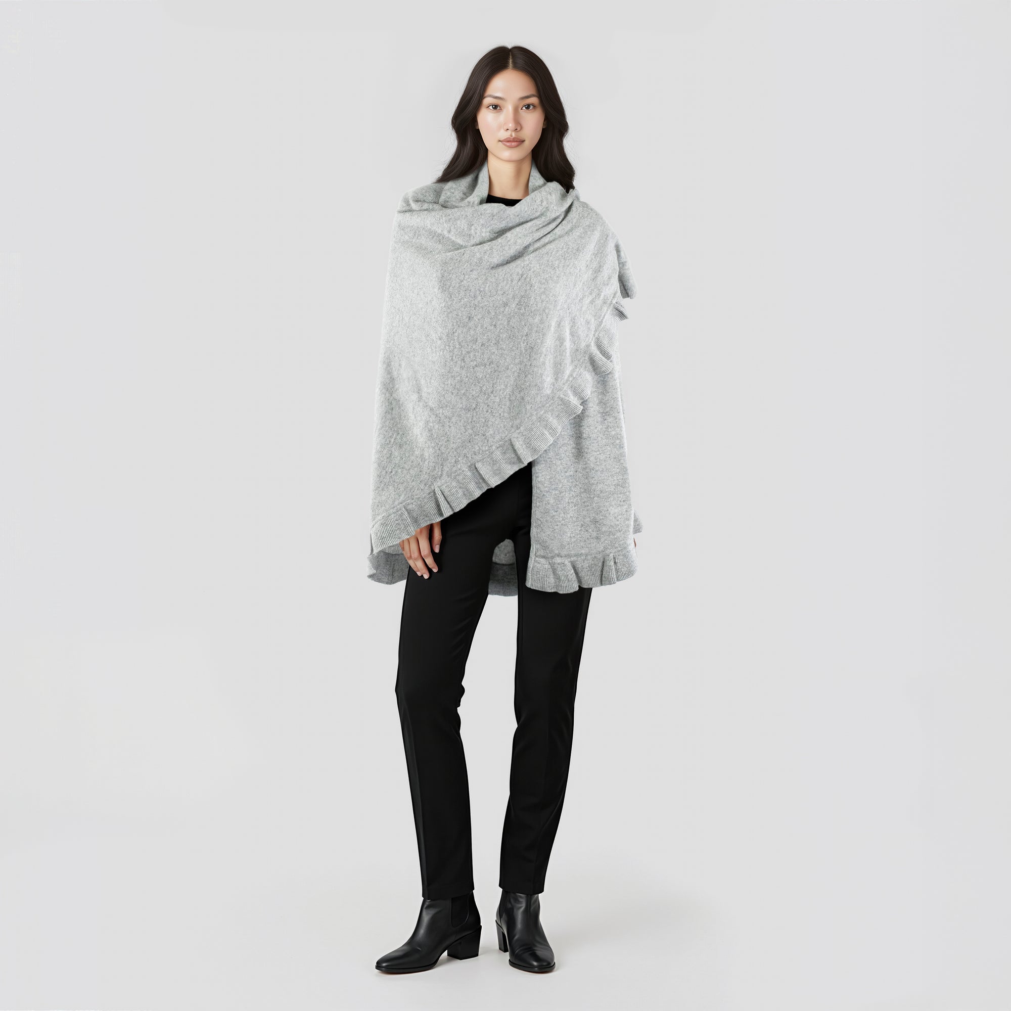 Womens | Cashmere Ruffled Shawl | Light Grey