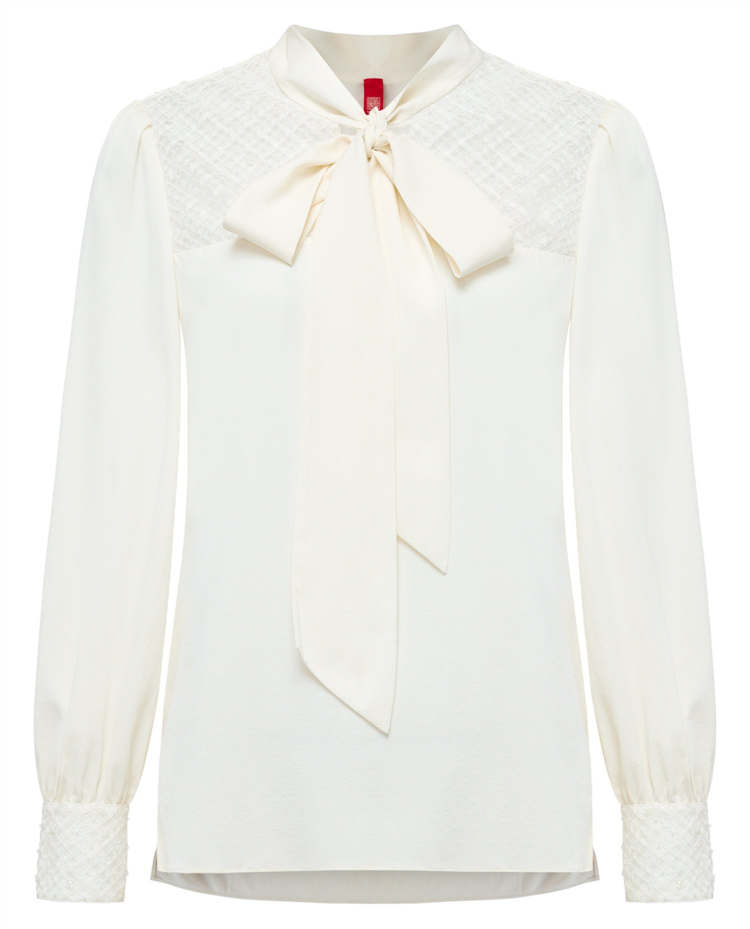 Silk Tie-Neck Embroidered Shirt | Beige