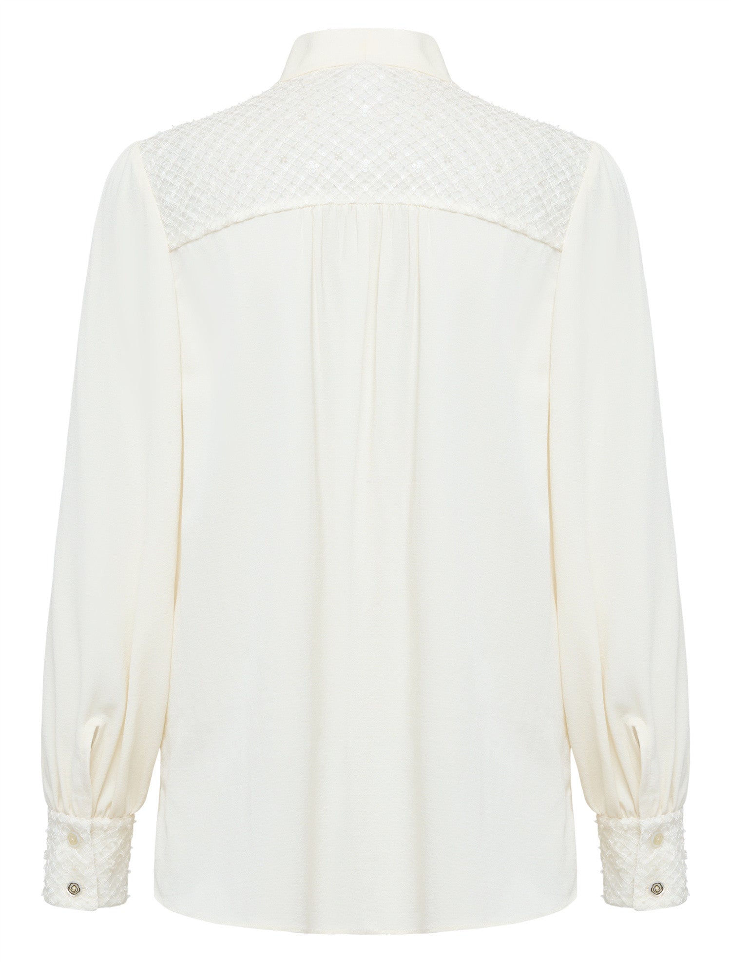 Silk Tie-Neck Embroidered Shirt | Beige