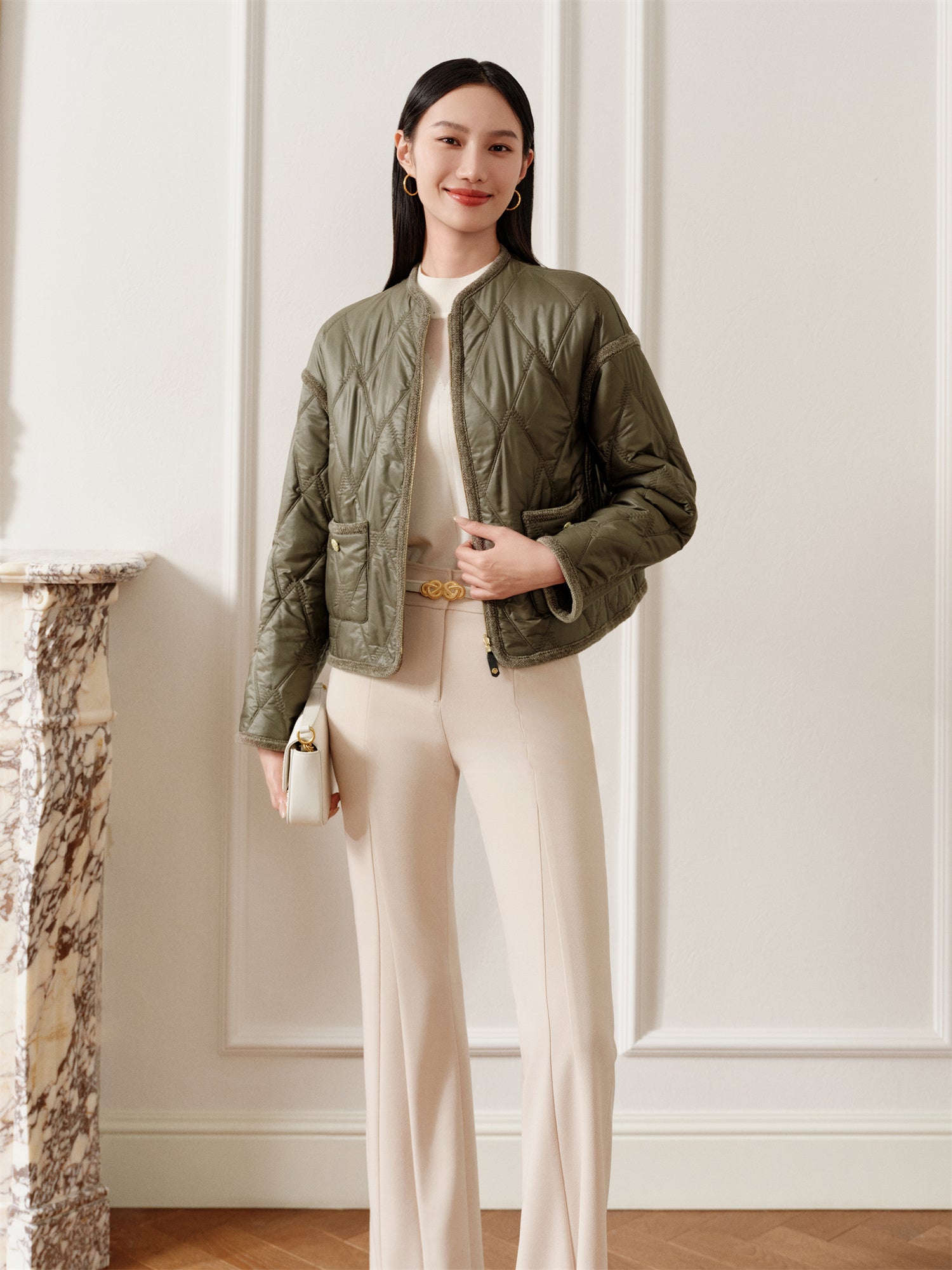 Round Neck Design Jacket | Green