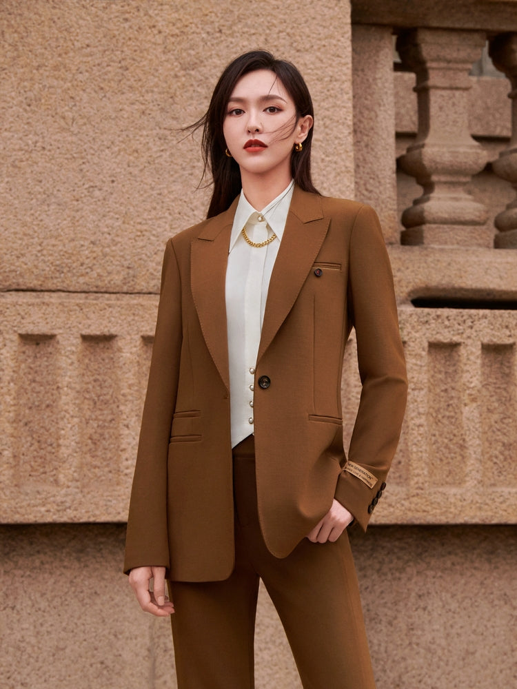 Hip Length Wool Blazer | Brown