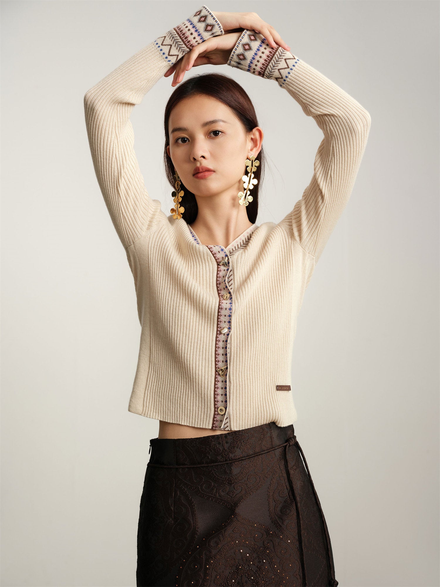 Yak Wool Ethnic-Style Jacquard Cardigan | Beige