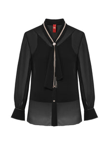 Silk Necktie-Style Scarf Shirt | Black