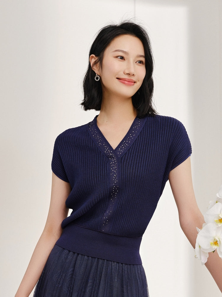 Overlapped V-Neck Knit Sweater | Blue
