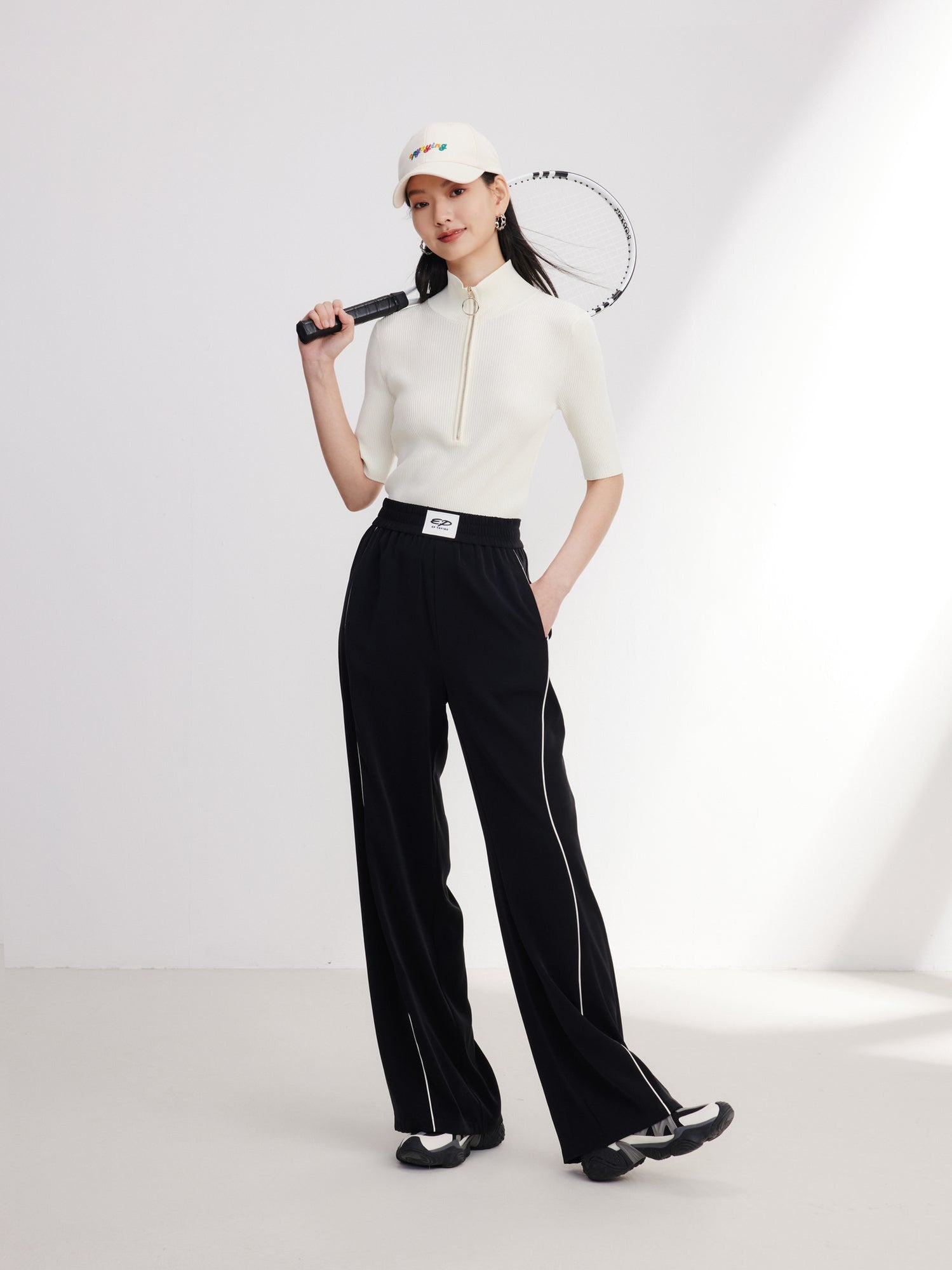 Satin Contrast Wide Leg Pants | Black