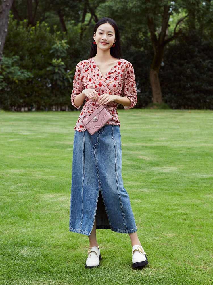 Split Cotton Midi Skirt | Blue