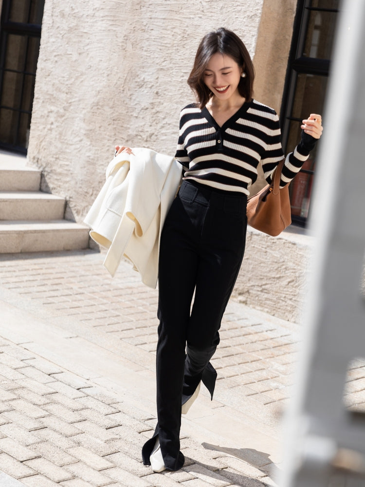 Stripes Wool Knit Top | Black