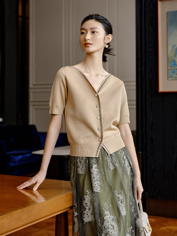 V-neck Knitted Cardigan | Khaki