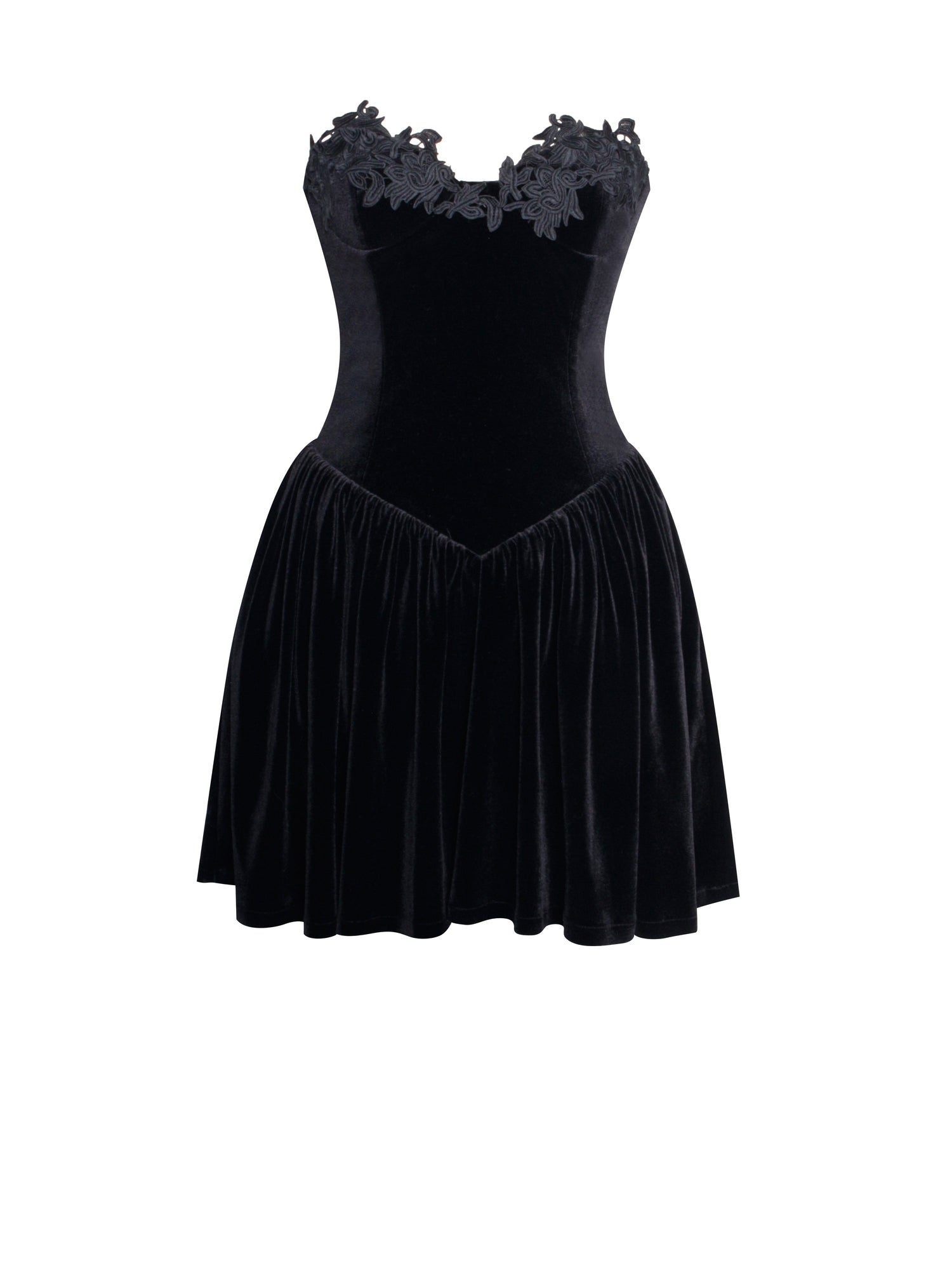 Nora Velvet Drop Waist Corset Puffy Mini Dress with Lace Trim | Black