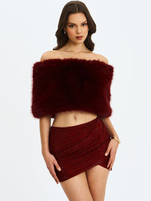 Darla Faux Fur Off-Shoulder Cropped Top | Burgundy