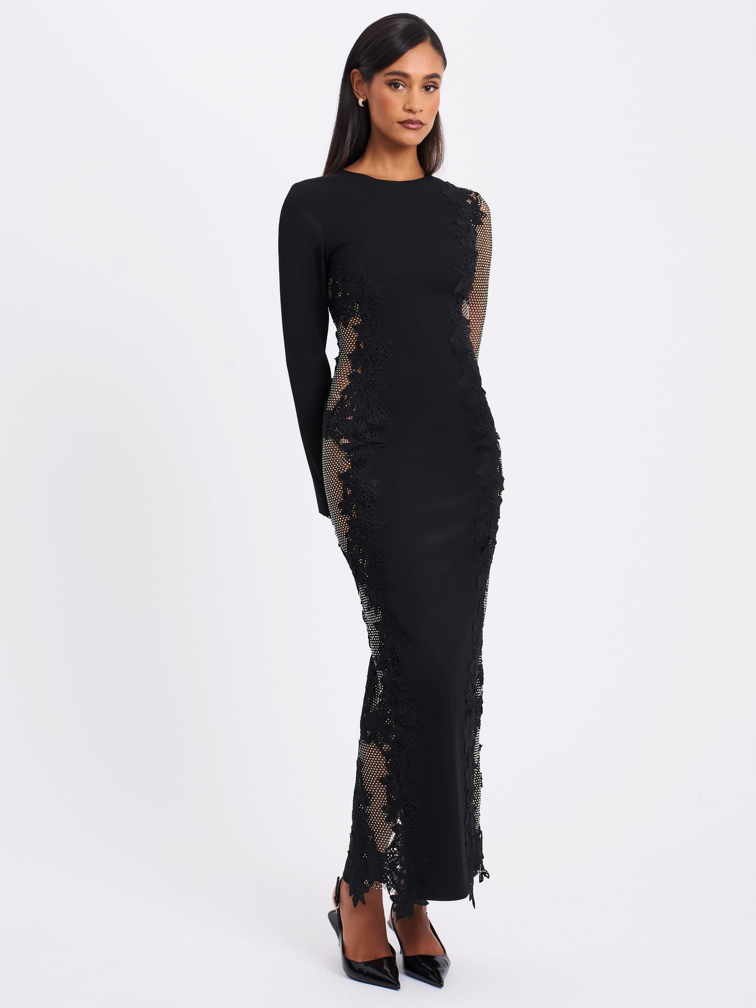 Bailey Lace Trim Crystal Net Cutout Long Sleeve Gown | Black