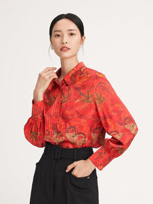 Chinese-style Printed Belted Blouse | Red