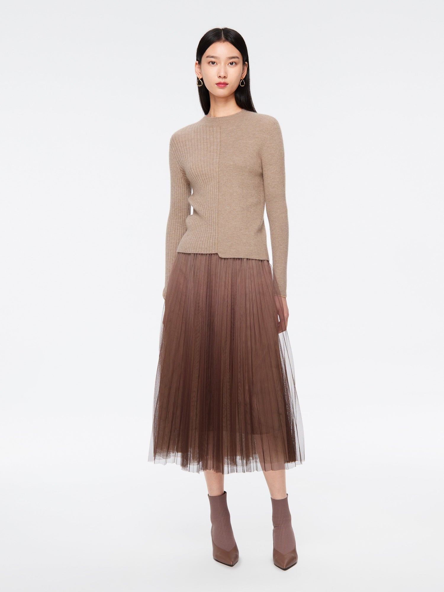 Asymmetric No-Dye Cashmere Knit Top | Camel