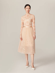 Flora Embroidery Mesh Midi Skirt | Beige