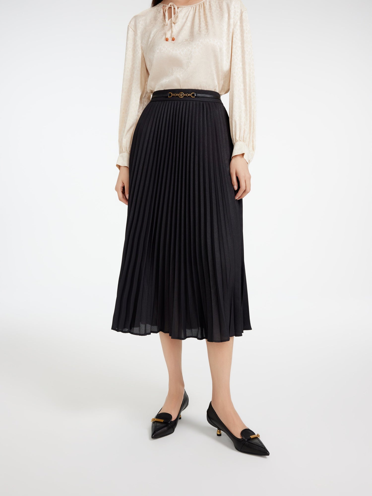 A-Line Shape Draped & Pressed Pleats High-Waisted Skirt | Black