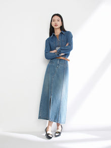 Split Cotton Midi Skirt | Blue