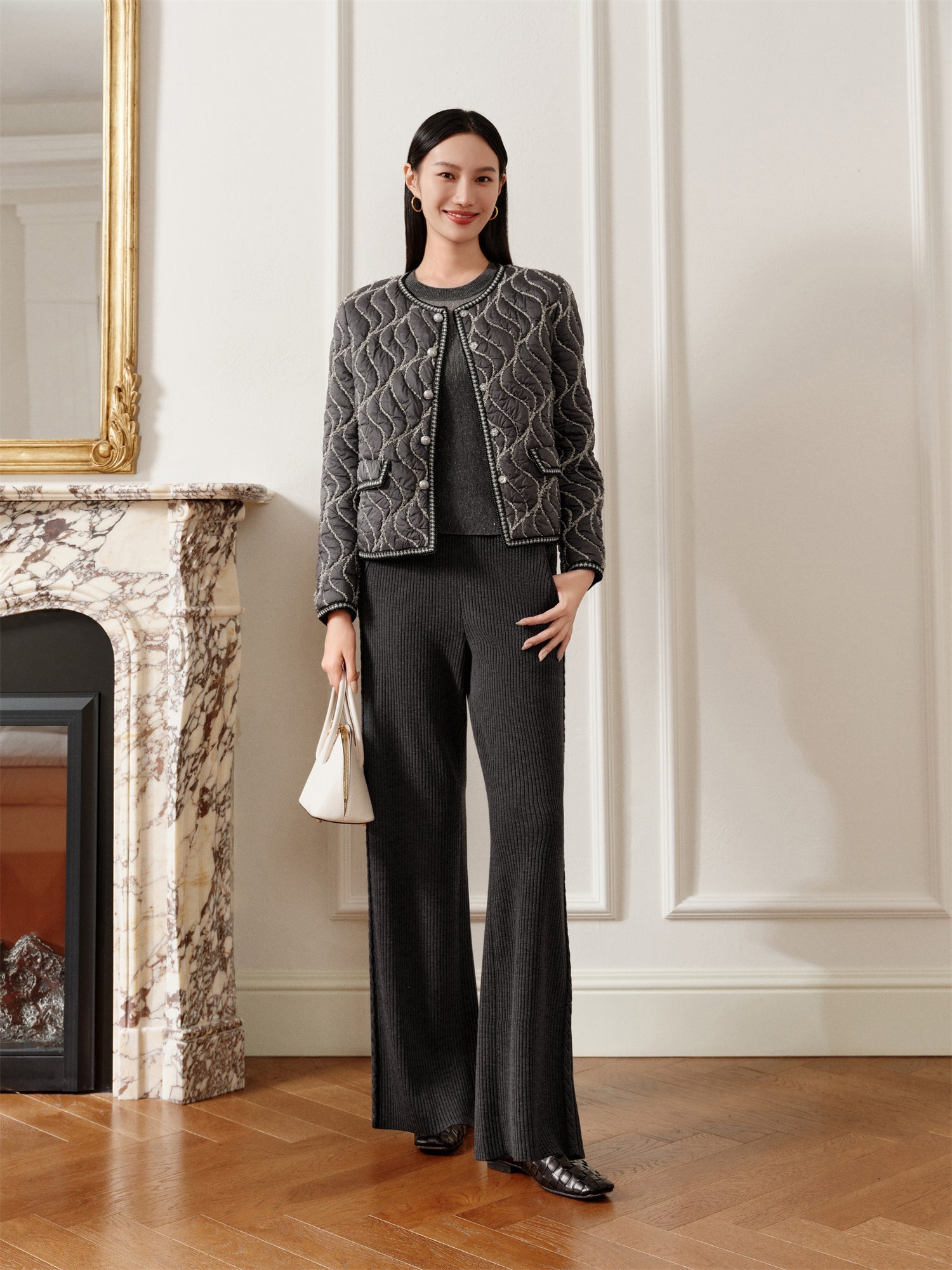 Round Neck Boxy Quilted Cotton Coat | Grey