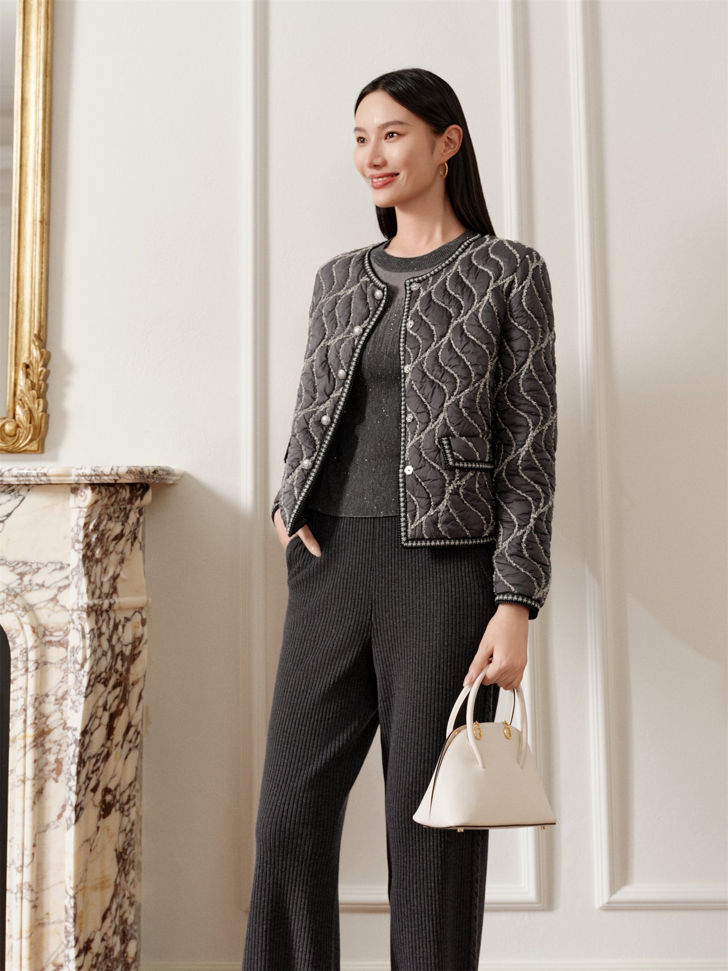 Round Neck Boxy Quilted Cotton Coat | Grey
