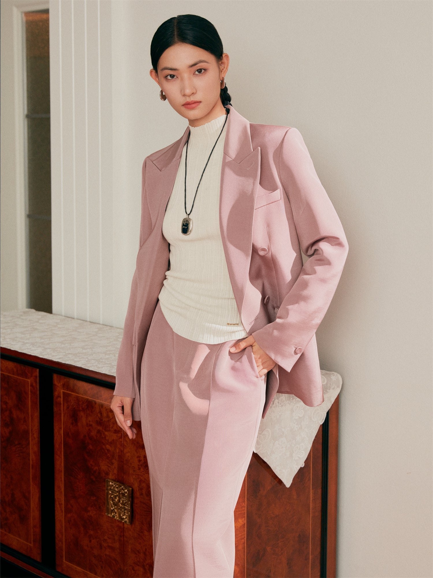 Notched Lapel Double-Breasted Suit Jacket | Purple