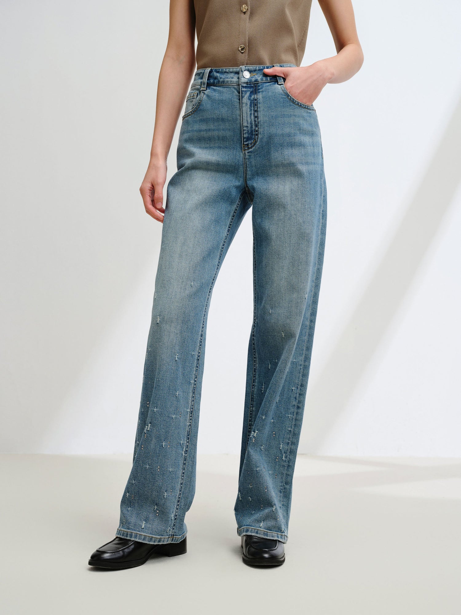 Rhinestone Cotton High-Waist Straight-Leg Jeans | Blue